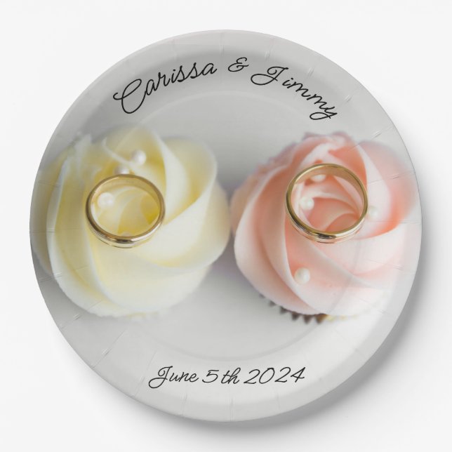 Cupcake wedding cake pink yellow paper plates (Front)