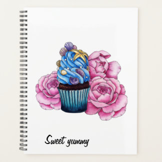 Cupcake with blue cream and pink peonies planner