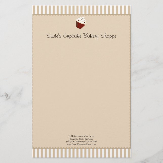 Cupcake with Soft Mocha Stripes Stationery (Front)