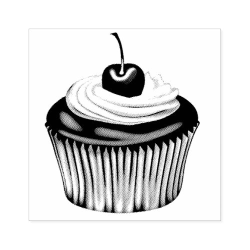 Cupcake with Whipped Cream and a Cherry on Top Rubber Stamp
