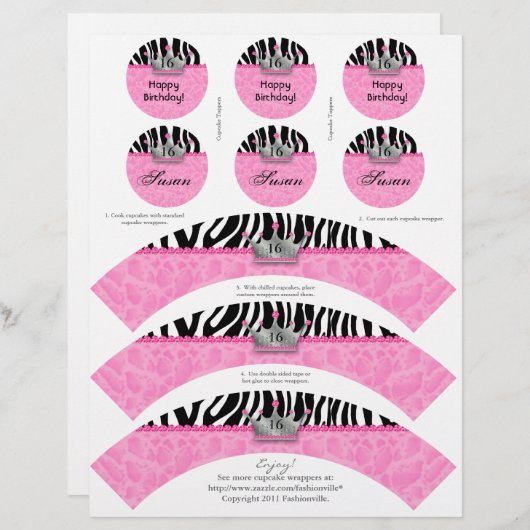 Cupcake Wrappers Princess Crown Zebra w/ Toppers (Front/Back)