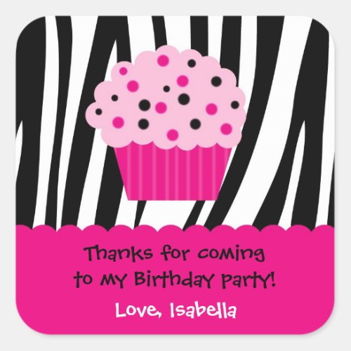 Cupcake Zebra Print Birthday Party Favor Stickers