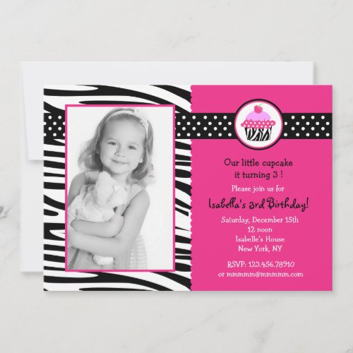 Cupcake Zebra Print Photo Birthday Invitations