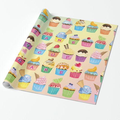 Cupcakes Add Your Name Monogram Cute Muffin Treats Wrapping Paper
