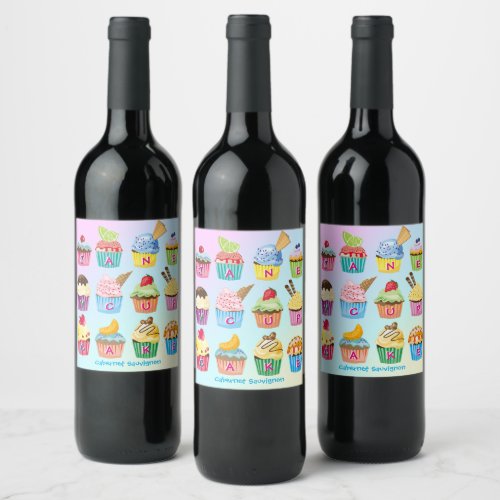 Cupcakes Add Your Name Monogram Muffin Cute Treats Wine Label