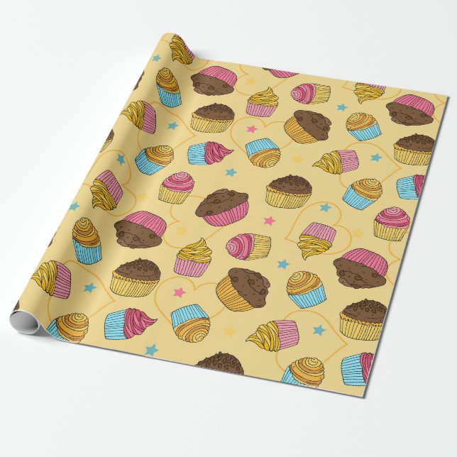 Cupcakes and Muffins Food Pattern Wrapping Paper (Unrolled)