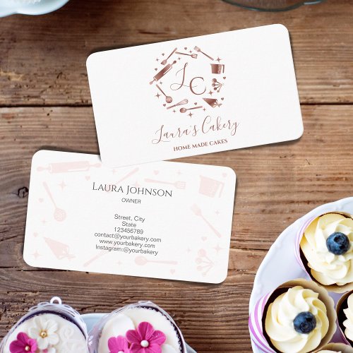 Cupcakes Baking Rose Gold Utensils Whisk Monogram Business Card