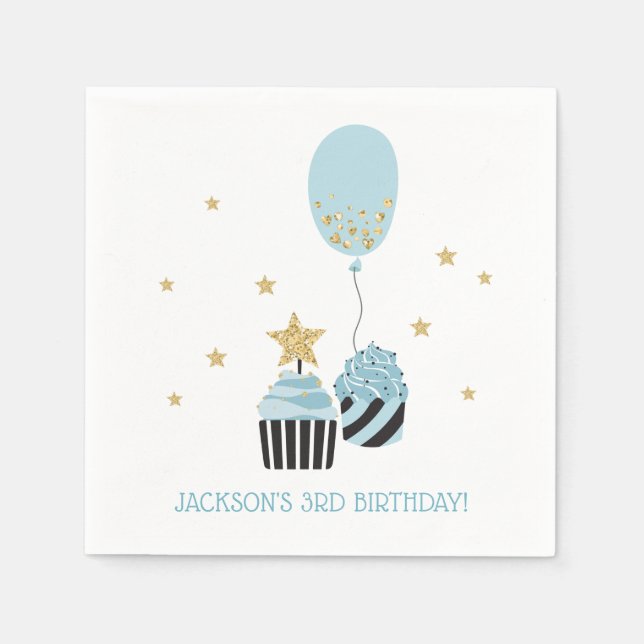 Cupcakes & Balloon | Faux Glitter Boy's Birthday Napkins (Front)