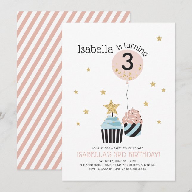 Cupcakes & Balloon | Faux Glitter Child's Birthday Invitation (Front/Back)