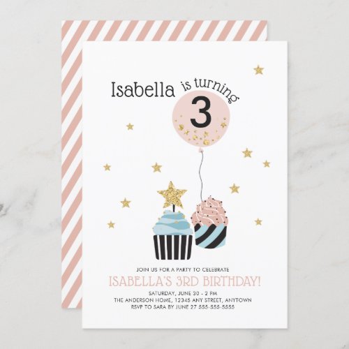 Cupcakes  Balloon  Faux Glitter Childs Birthday Invitation