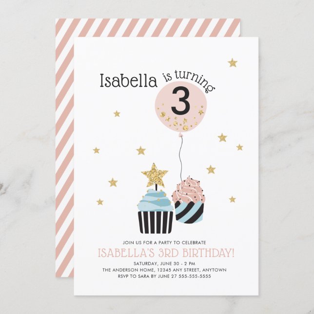 Cupcakes & Balloon | Faux Glitter Child's Birthday Invitation (Front/Back)