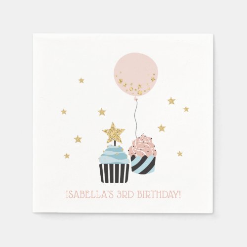 Cupcakes  Balloon  Faux Glitter Girls Birthday Napkins