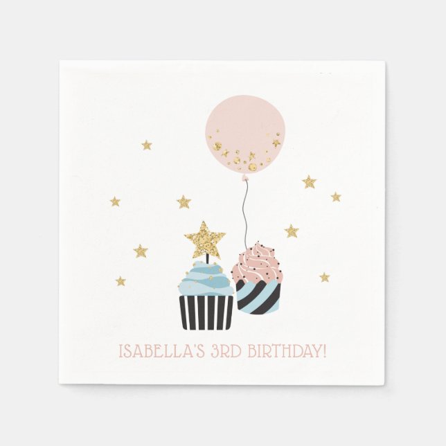 Cupcakes & Balloon | Faux Glitter Girl's Birthday Napkins (Front)
