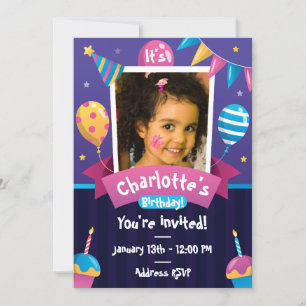 Cupcakes Balloons Purple Birthday Invitation