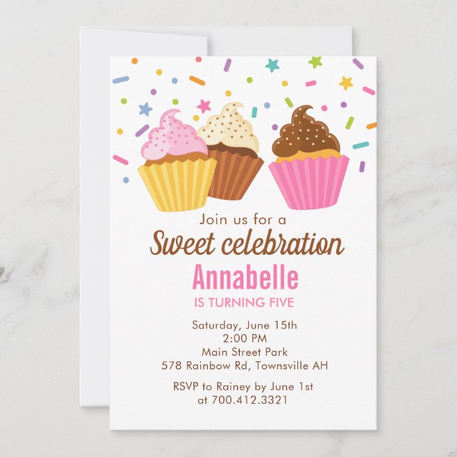Cupcakes Birthday Invitation with sprinkles (Front)