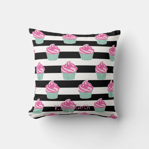 Cupcakes  Black White Stripes Personalized Throw Pillow