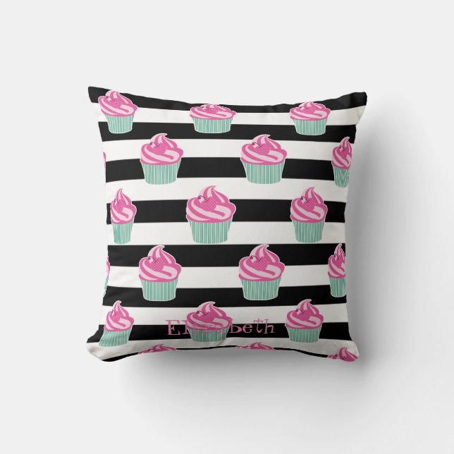 Cupcakes , Black, White Stripes Personalized Throw Pillow (Front)