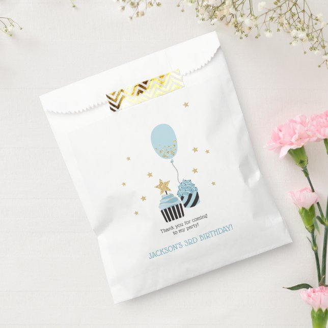 Cupcakes & Blue Balloon | Boy's Birthday Thank You Favor Bag (Sealed)