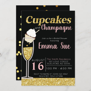 Cupcakes & Champagne Black & Gold Bridal shower Invitation
