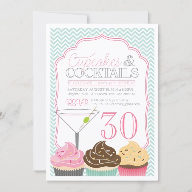 Cupcakes & Cocktails Adult Birthday Invitation (Front)