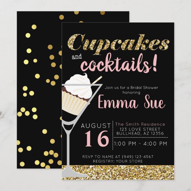 Cupcakes & Cocktails Black & Gold Bridal shower Invitation (Front/Back)