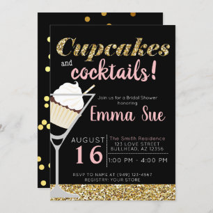 Cupcakes & Cocktails Black & Gold Bridal shower Invitation