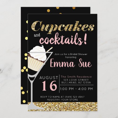 Cupcakes  Cocktails Black  Gold Bridal shower Invitation