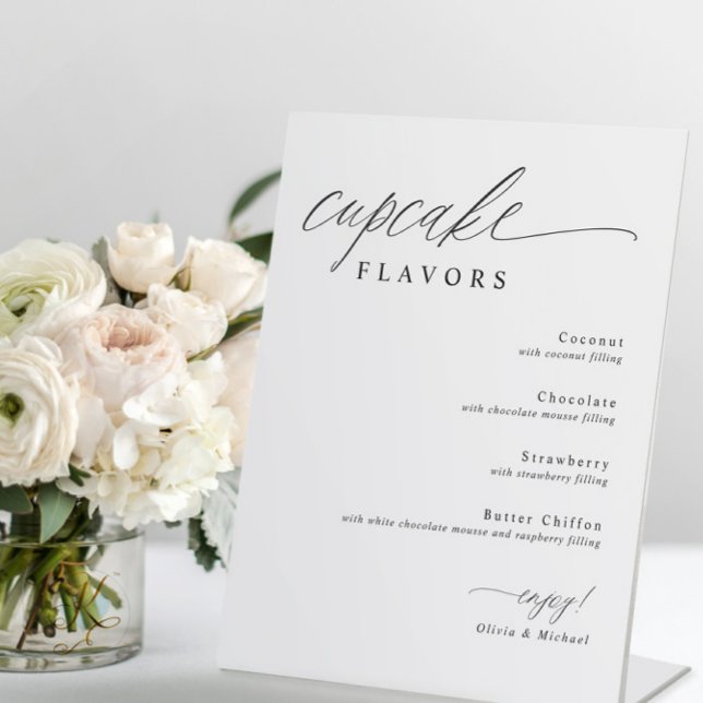 Cupcakes Dessert Table Wedding Pedestal Sign (Cupcake flavors wedding sign with modern romantic calligraphy on self-standing display)