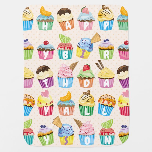 Cupcakes Happy Birthday Add Your Name Cute Goodies Baby Blanket (Front)