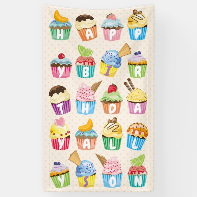Cupcakes Happy Birthday Add Your Name Cute Goodies Banner (Vertical)