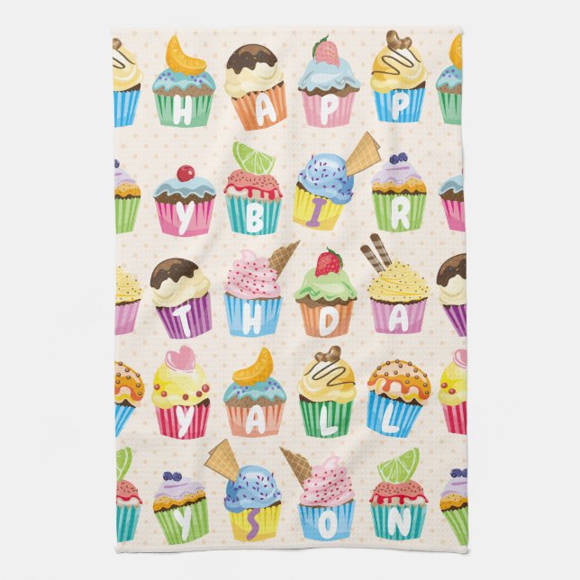 Cupcakes Happy Birthday Add Your Name Cute Goodies Kitchen Towel (Vertical)