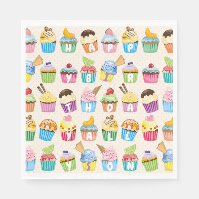 Cupcakes Happy Birthday Add Your Name Cute Goodies Napkins (Front)