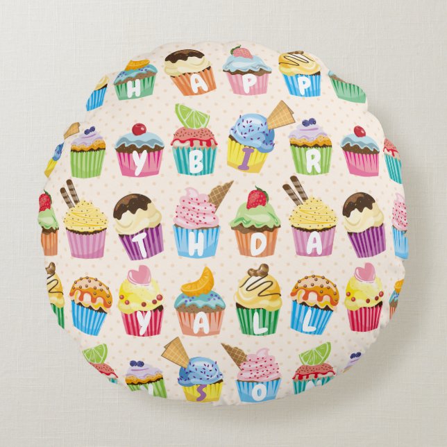 Cupcakes Happy Birthday Add Your Name Cute Goodies Round Pillow (Front)