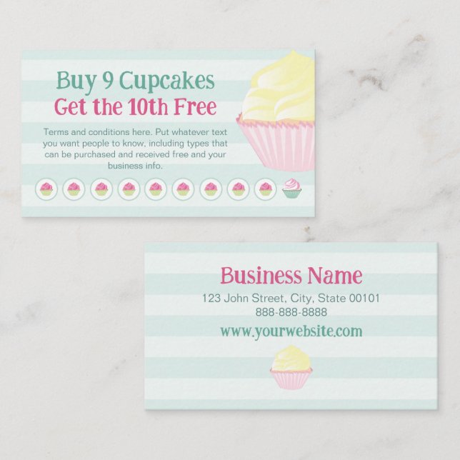 Cupcakes Loyalty Stamp or Punch Card - Buy 9 Get 1 (Front/Back)