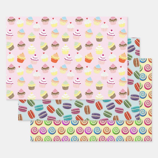 Cupcakes Macaroons and Candy Swirls Patterns Wrapping Paper Sheets (Set)