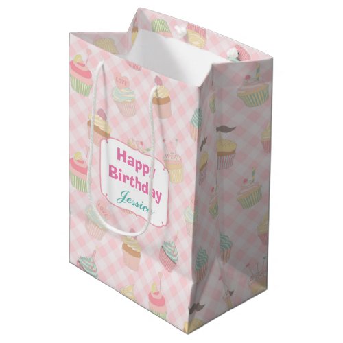 Cupcakes on Pink Gingham Pattern Medium Gift Bag