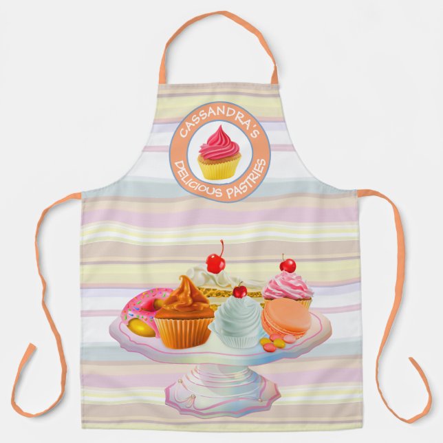 Cupcakes Pie Donut Macaron Sweet Baked Treats Logo Apron (Front)
