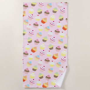 CUPCAKES PINK PATTERN BEACH TOWEL