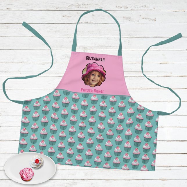 Cupcakes Scalloped Custom Photo Template Name Apron (Fun custom photo and cupcake pattern kids apron design with personalized text. )