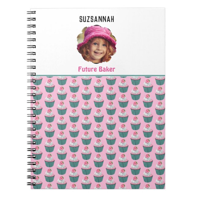 Cupcakes Scalloped Custom Photo Template Name Notebook (Front)