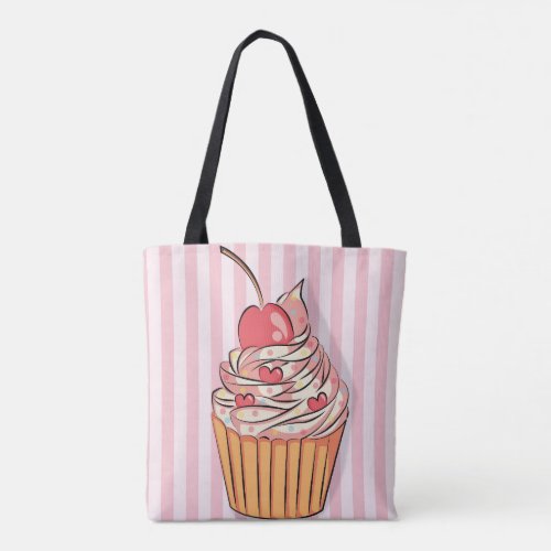 Pink and White Stripes Cupcakes Tote Bag Gift for Her