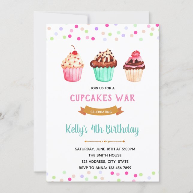 Cupcakes war birthday theme invitation (Front)