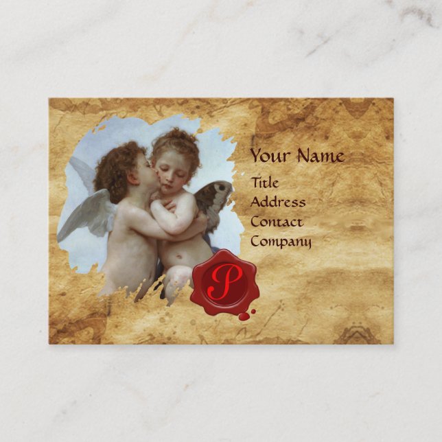Cupid and Psyche as Children MONOGRAM Parchment Business Card (Front)