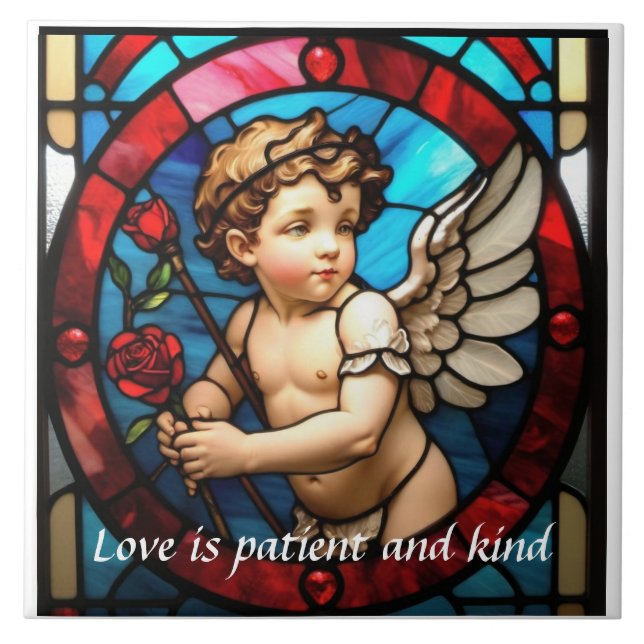 Cupid and Rose Stained Glass Ceramic Trivet (Front)