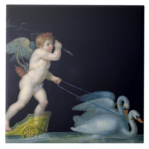 Cupid being led by a pair of swans oil on panel ceramic tile