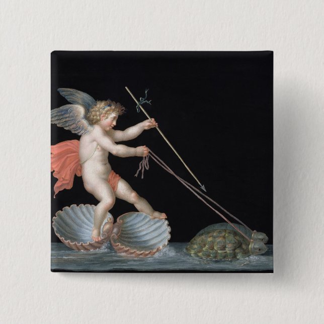 Cupid being led by Tortoises (oil on panel) Button (Front)