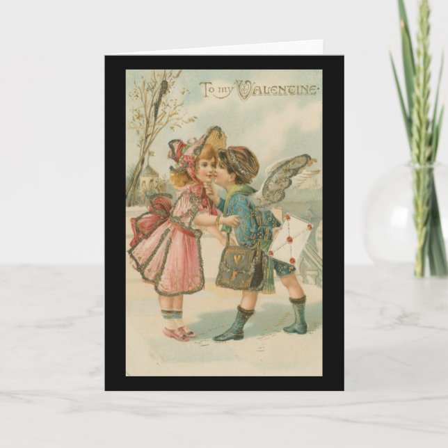Cupid Boy and Girl in Pink Greeting Card (Front)