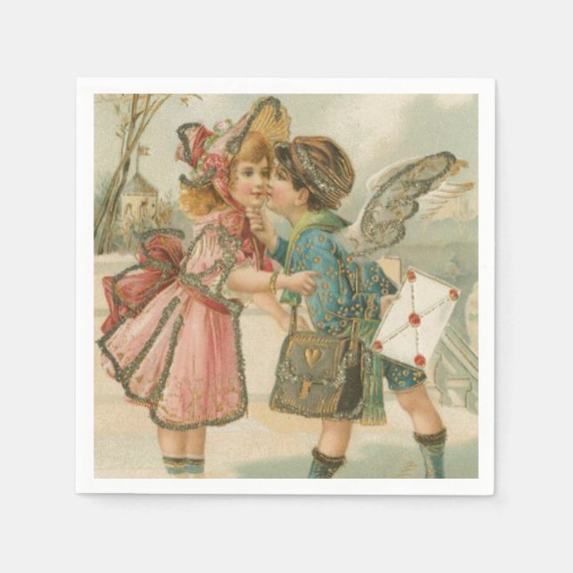 Cupid Boy and Girl in Pink Valentine Paper Napkins (Front)