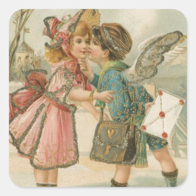 Cupid Boy and Girl in Pink Valentine Square Sticker (Front)