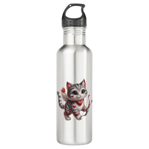 Cupid Cat Heart Fur Valentines Day Feline Fancy Stainless Steel Water Bottle
